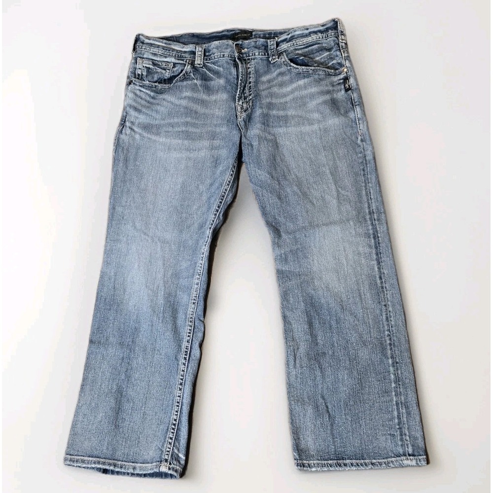 Silver Gordie Jeans Mens 38x30 Blue Baggy Straight Whiskered Medium Wash Denim